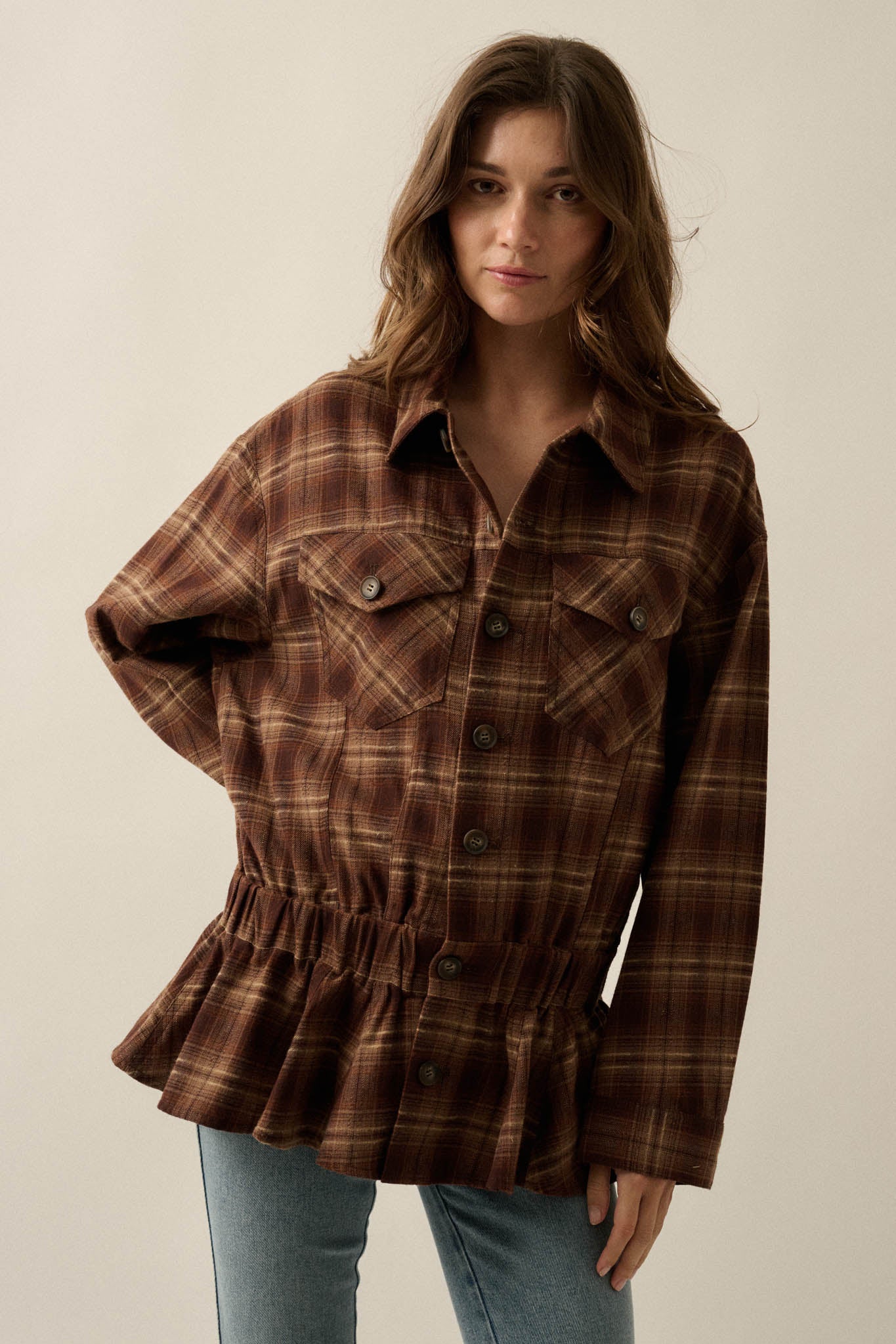 Orchard Trail Plaid Flannel Button-Up Peplum Shacket - ShopPromesa