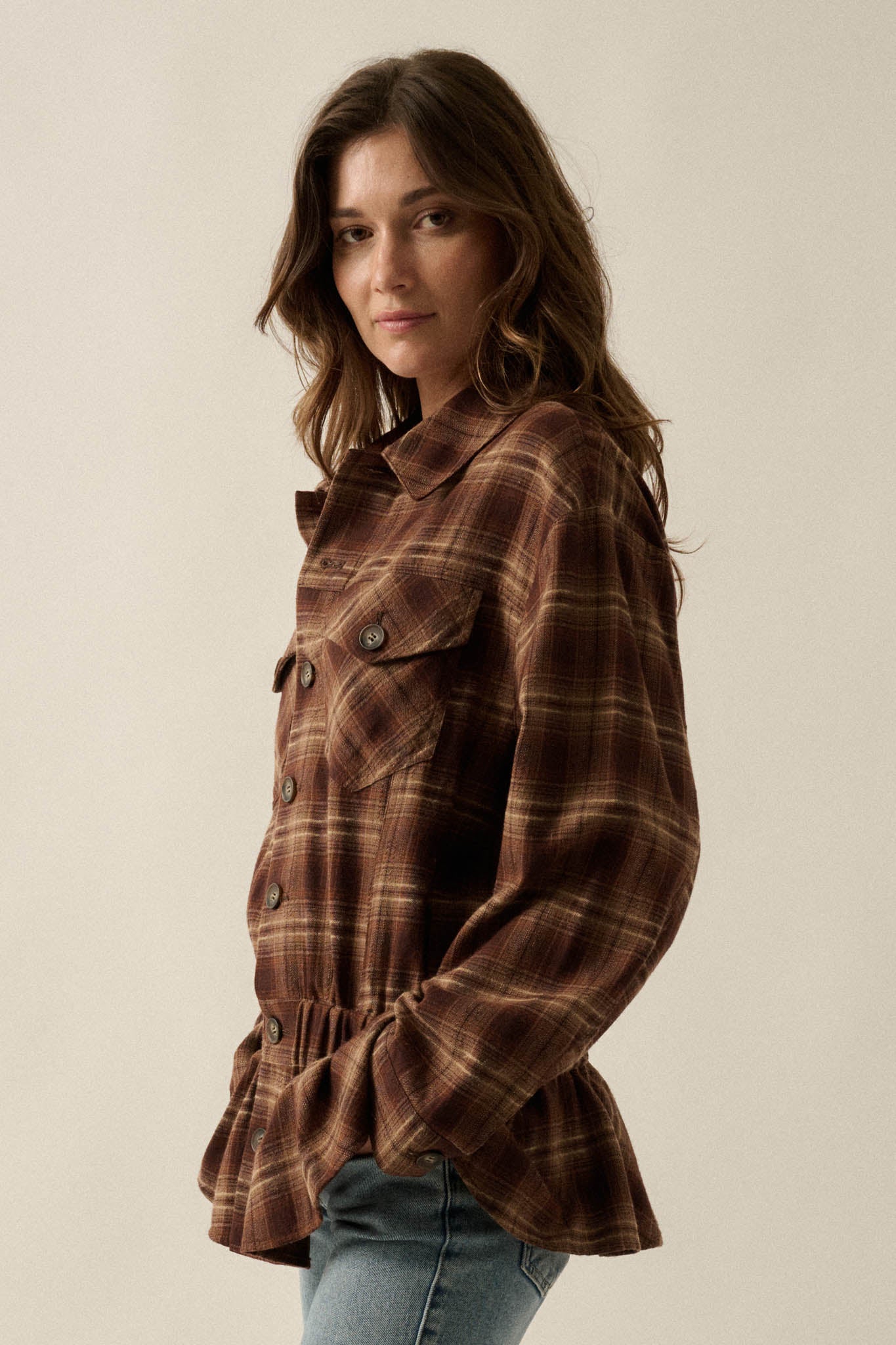 Orchard Trail Plaid Flannel Button-Up Peplum Shacket - ShopPromesa