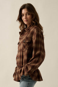 Orchard Trail Plaid Flannel Button-Up Peplum Shacket - ShopPromesa