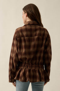 Orchard Trail Plaid Flannel Button-Up Peplum Shacket - ShopPromesa