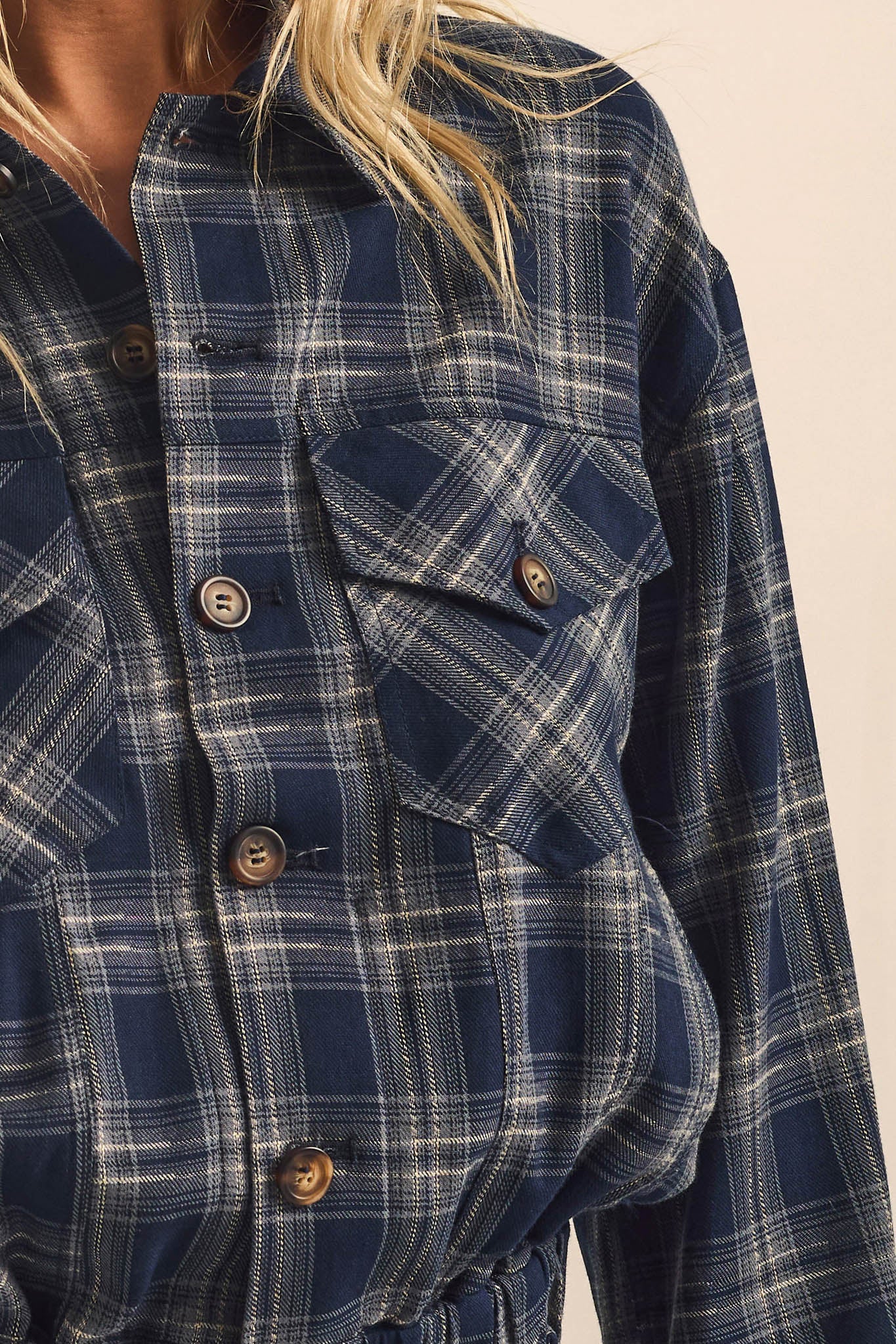 Orchard Trail Plaid Flannel Button-Up Peplum Shacket - ShopPromesa