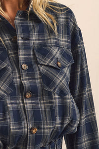 Orchard Trail Plaid Flannel Button-Up Peplum Shacket - ShopPromesa