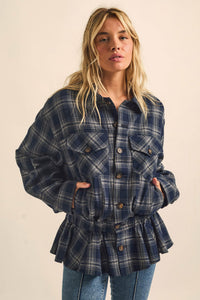 Orchard Trail Plaid Flannel Button-Up Peplum Shacket - ShopPromesa