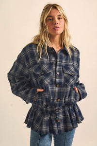Orchard Trail Plaid Flannel Button-Up Peplum Shacket - ShopPromesa