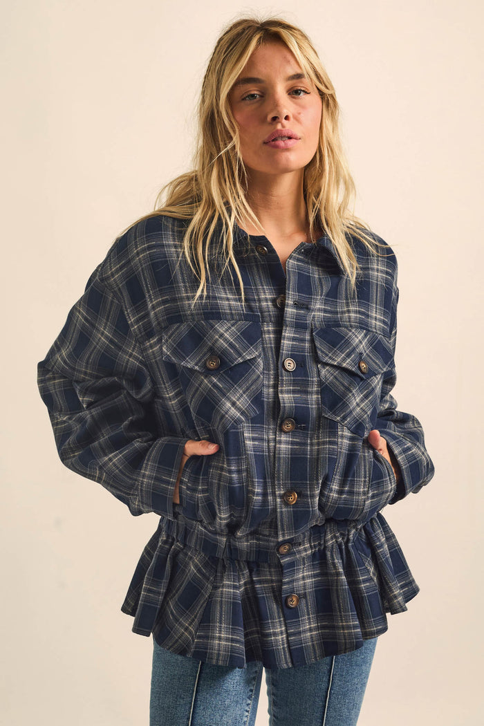 Orchard Trail Plaid Flannel Button-Up Peplum Shacket - ShopPromesa