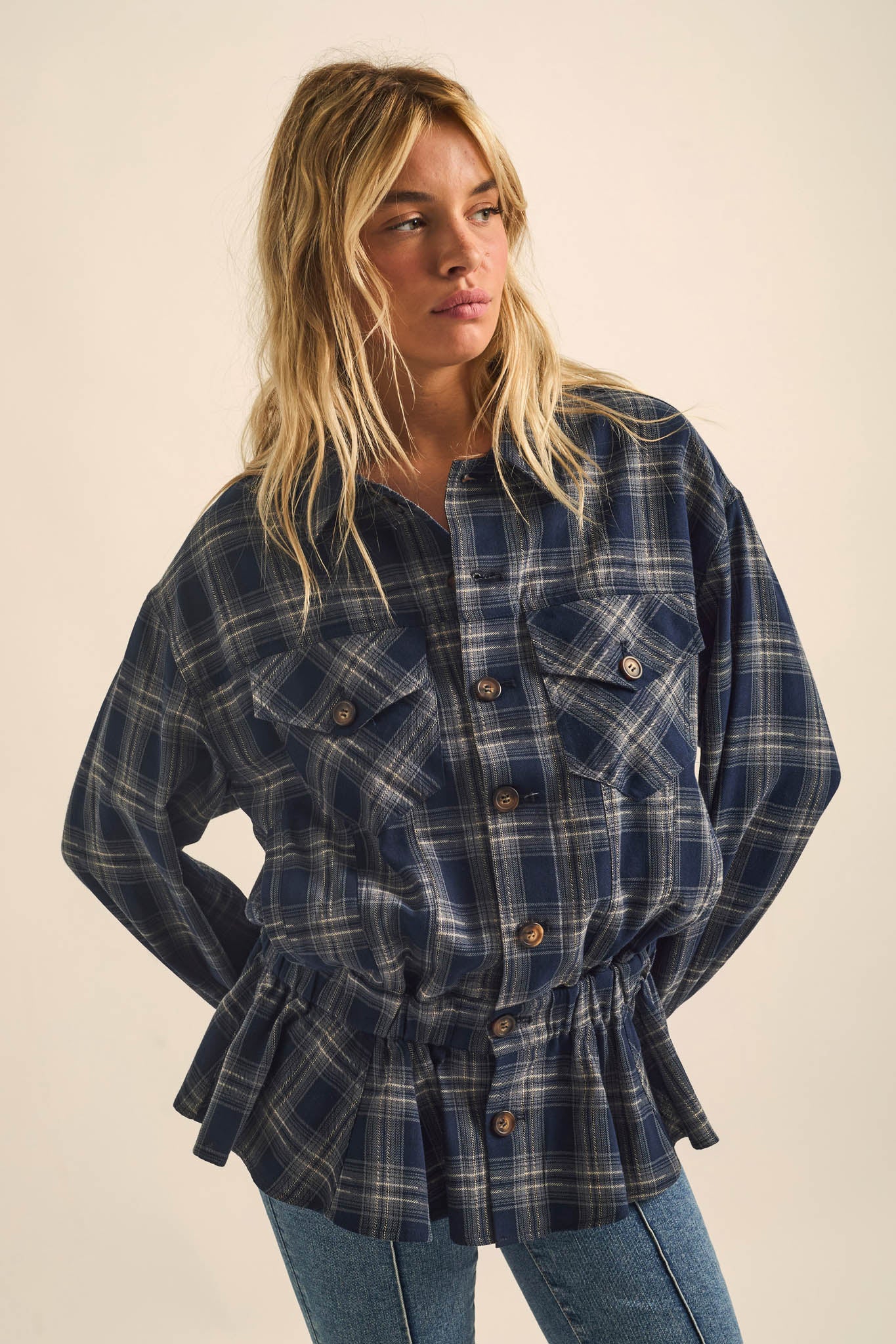 Orchard Trail Plaid Flannel Button-Up Peplum Shacket - ShopPromesa