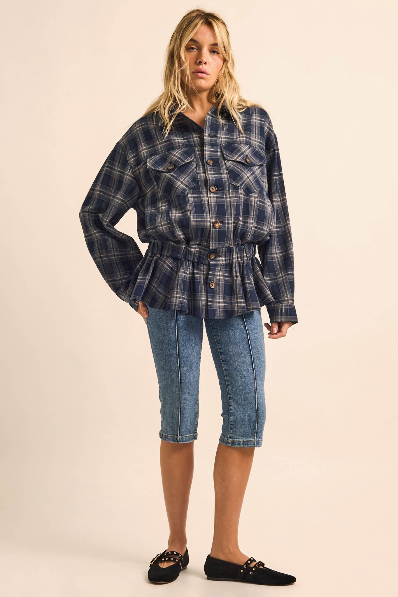 Orchard Trail Plaid Flannel Button-Up Peplum Shacket - ShopPromesa