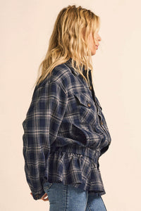 Orchard Trail Plaid Flannel Button-Up Peplum Shacket - ShopPromesa