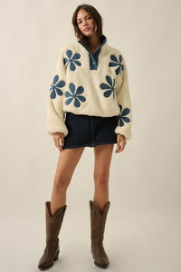 Darling Daisy Denim Flower Fleece Pullover Jacket - ShopPromesa