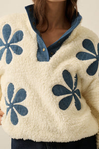 Darling Daisy Denim Flower Fleece Pullover Jacket - ShopPromesa