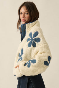 Darling Daisy Denim Flower Fleece Pullover Jacket - ShopPromesa