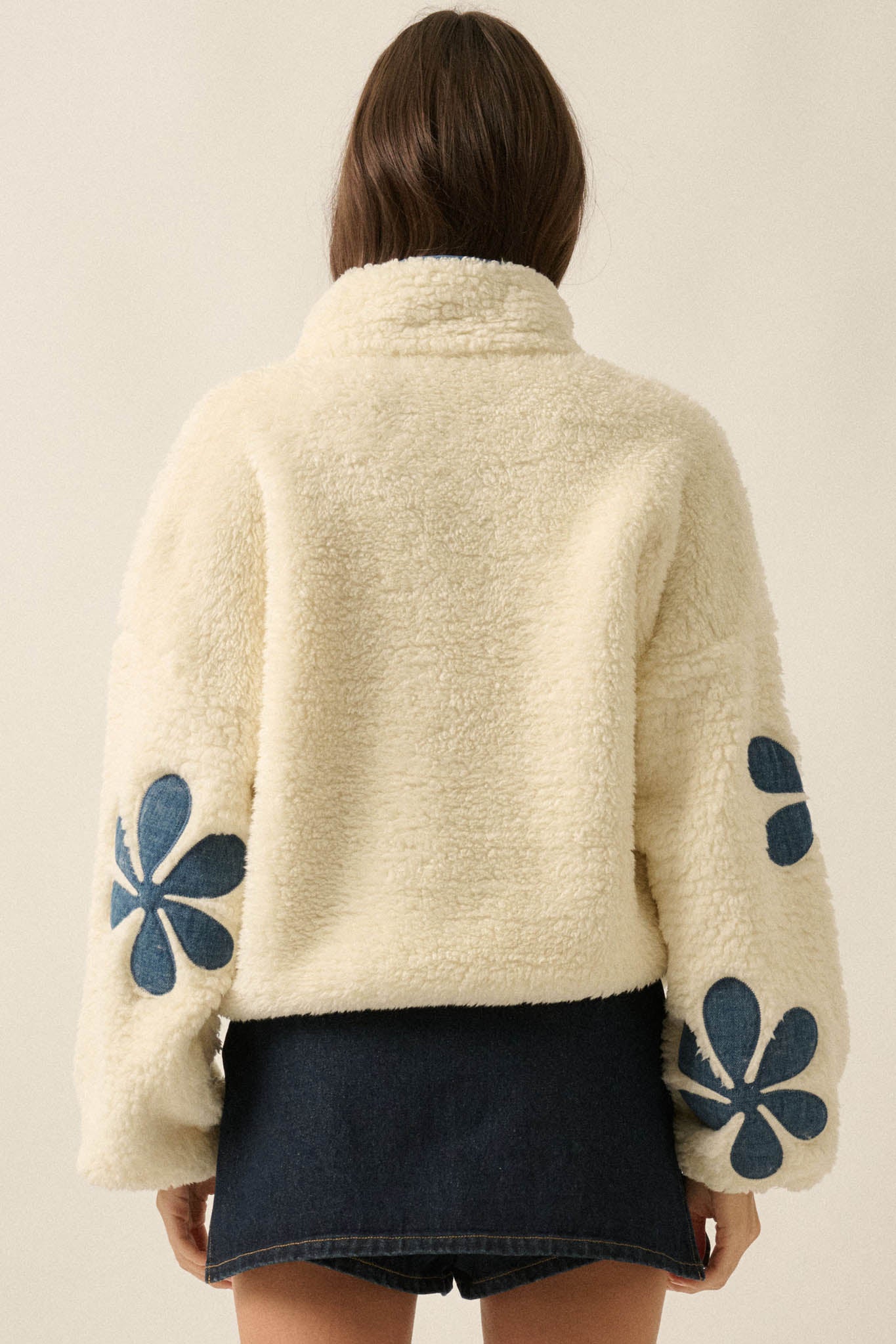 Darling Daisy Denim Flower Fleece Pullover Jacket - ShopPromesa