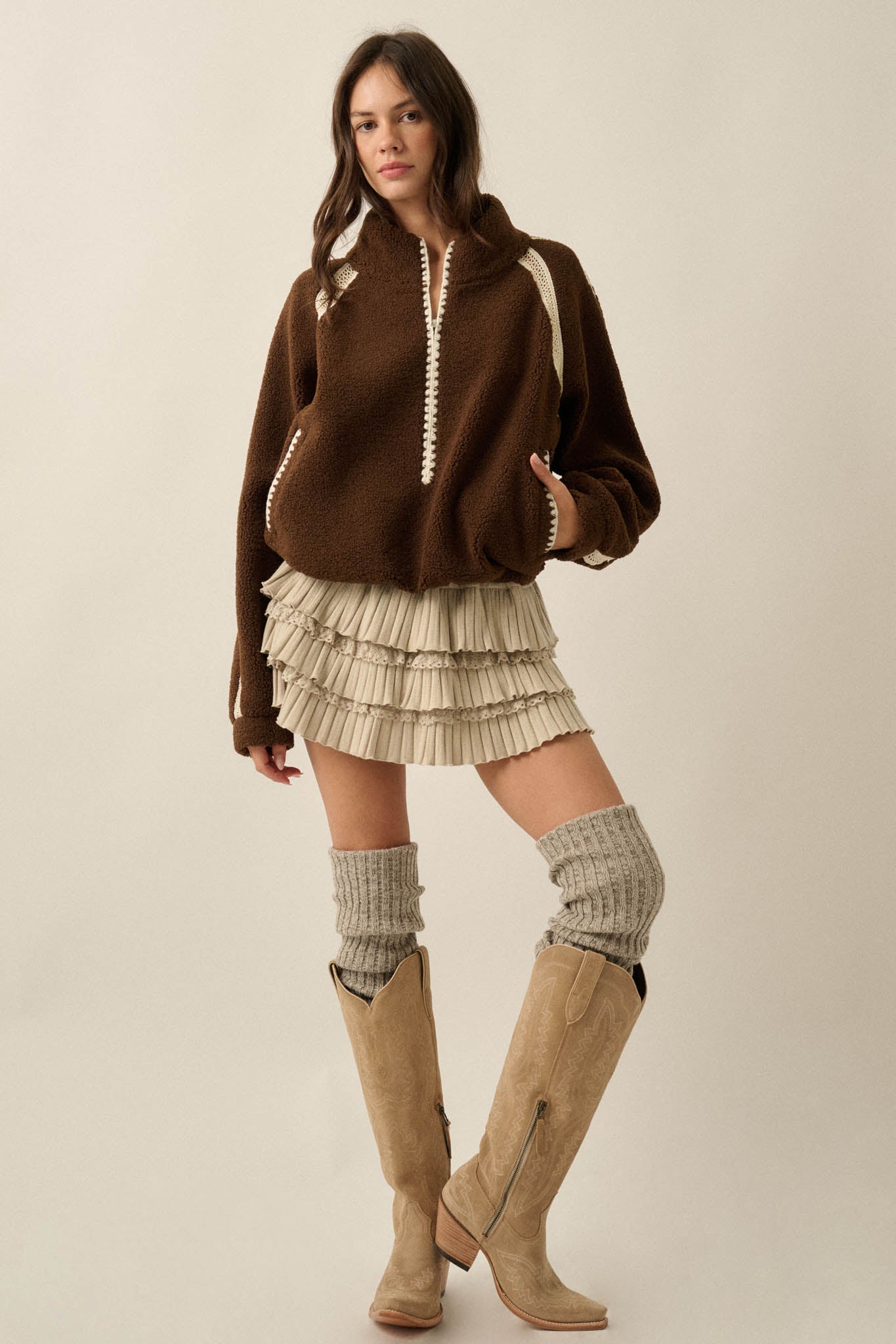 Warm Hug Fleece Crochet-Trim Half-Zip Pullover Jacket - ShopPromesa
