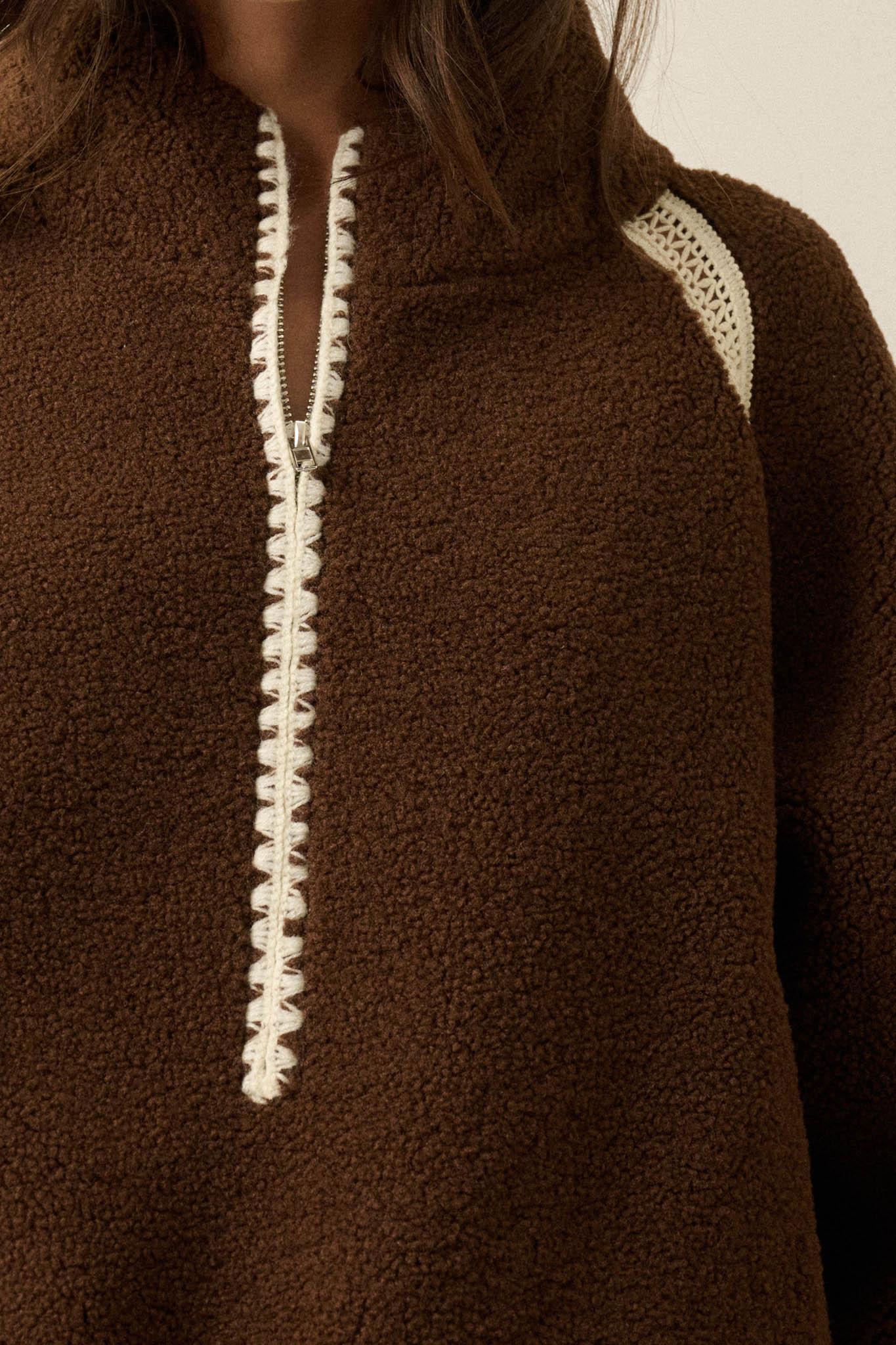 Warm Hug Fleece Crochet-Trim Half-Zip Pullover Jacket - ShopPromesa