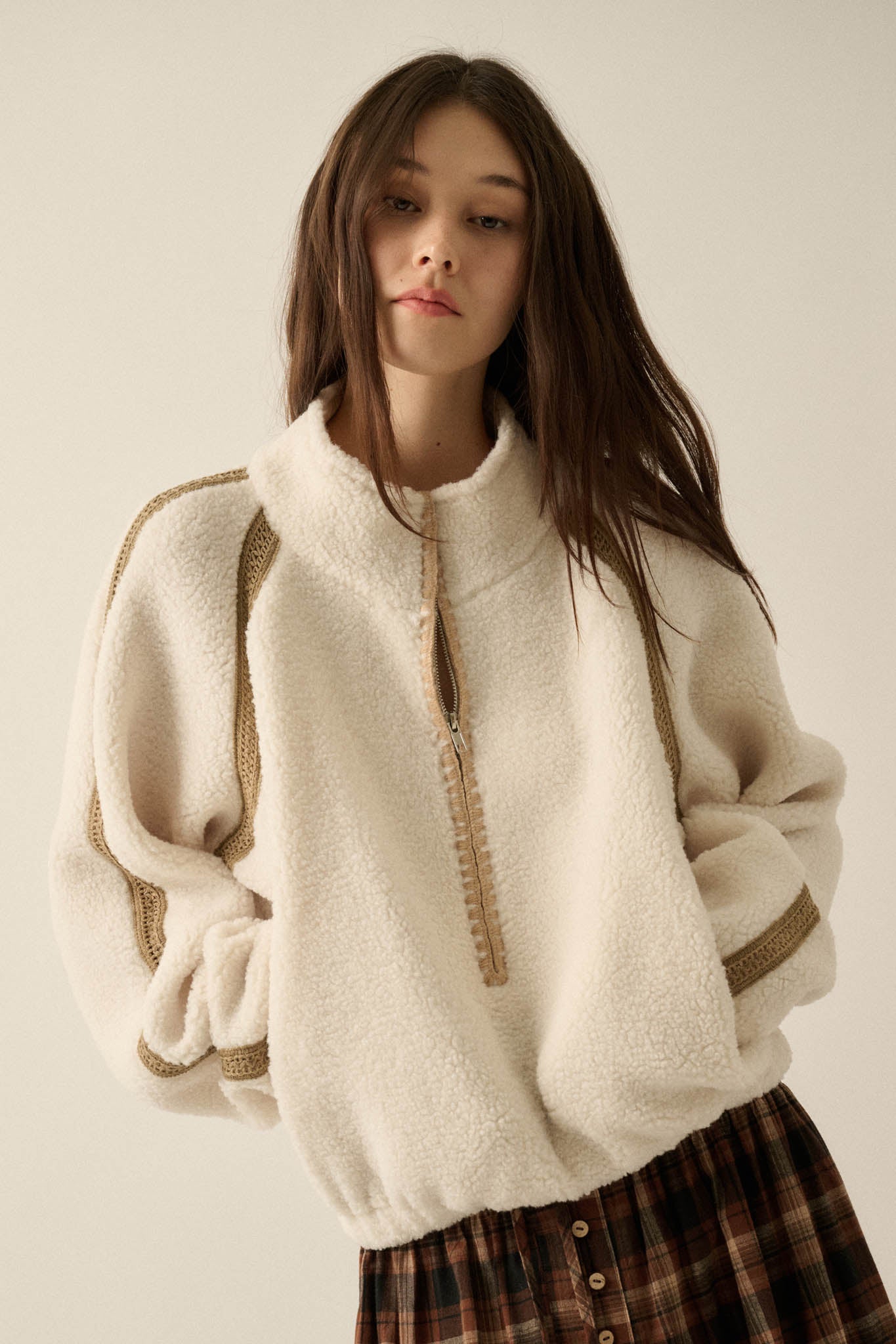 Warm Hug Fleece Crochet-Trim Half-Zip Pullover Jacket - ShopPromesa