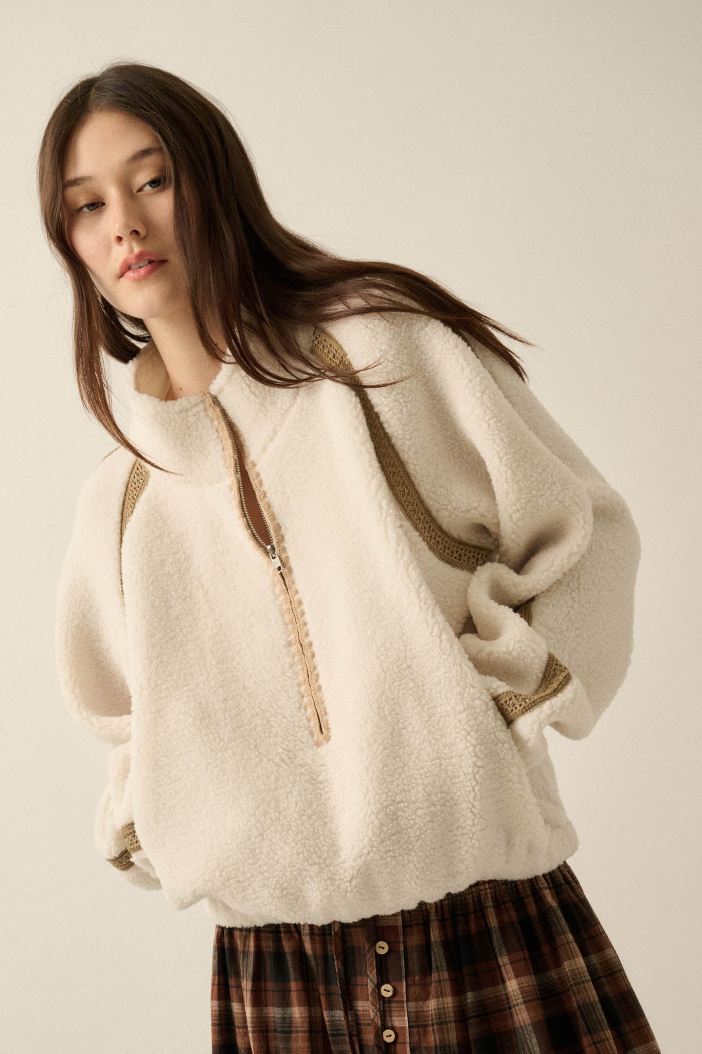 Warm Hug Fleece Crochet-Trim Half-Zip Pullover Jacket - ShopPromesa