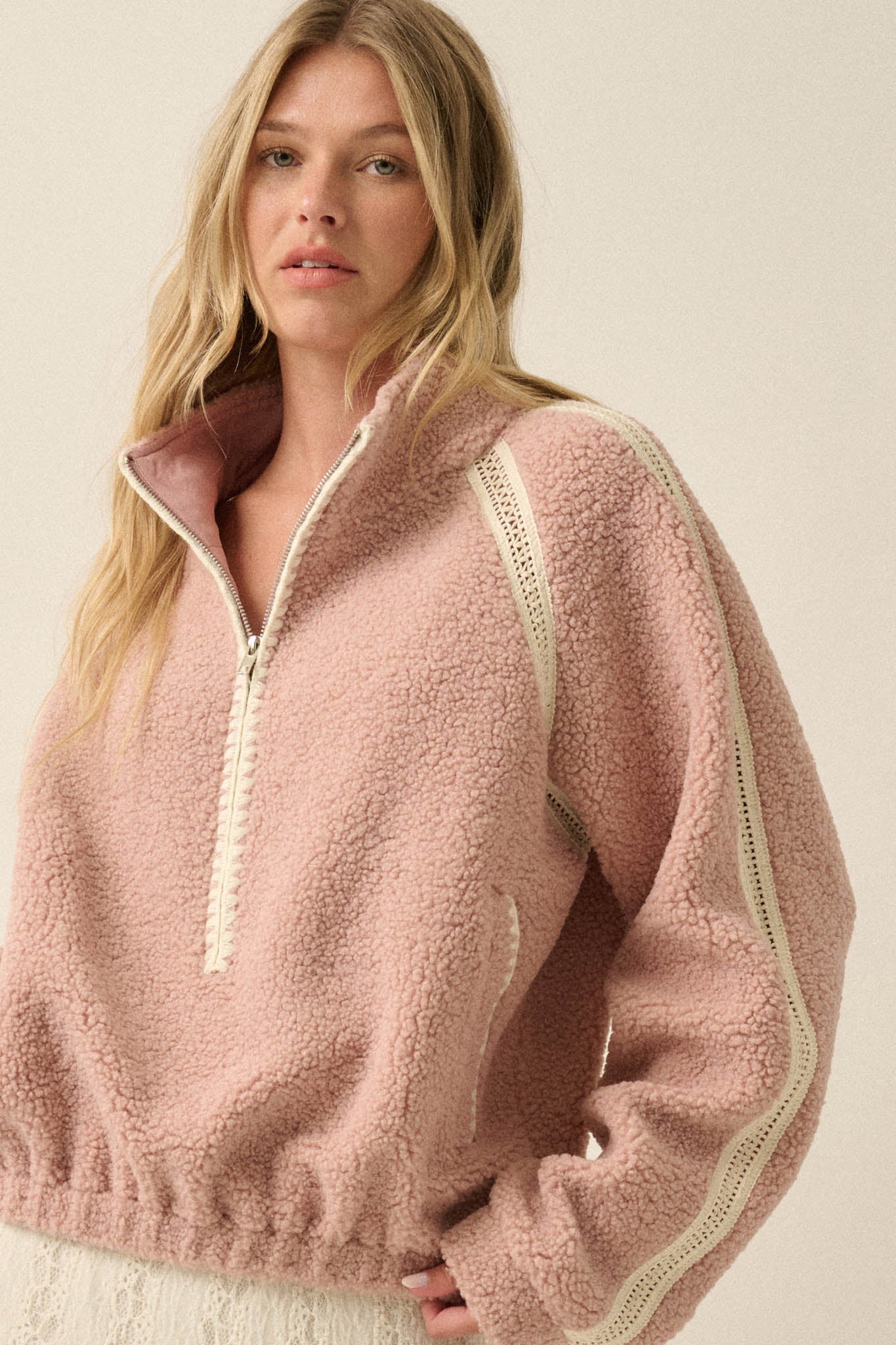 Warm Hug Fleece Crochet-Trim Half-Zip Pullover Jacket - ShopPromesa