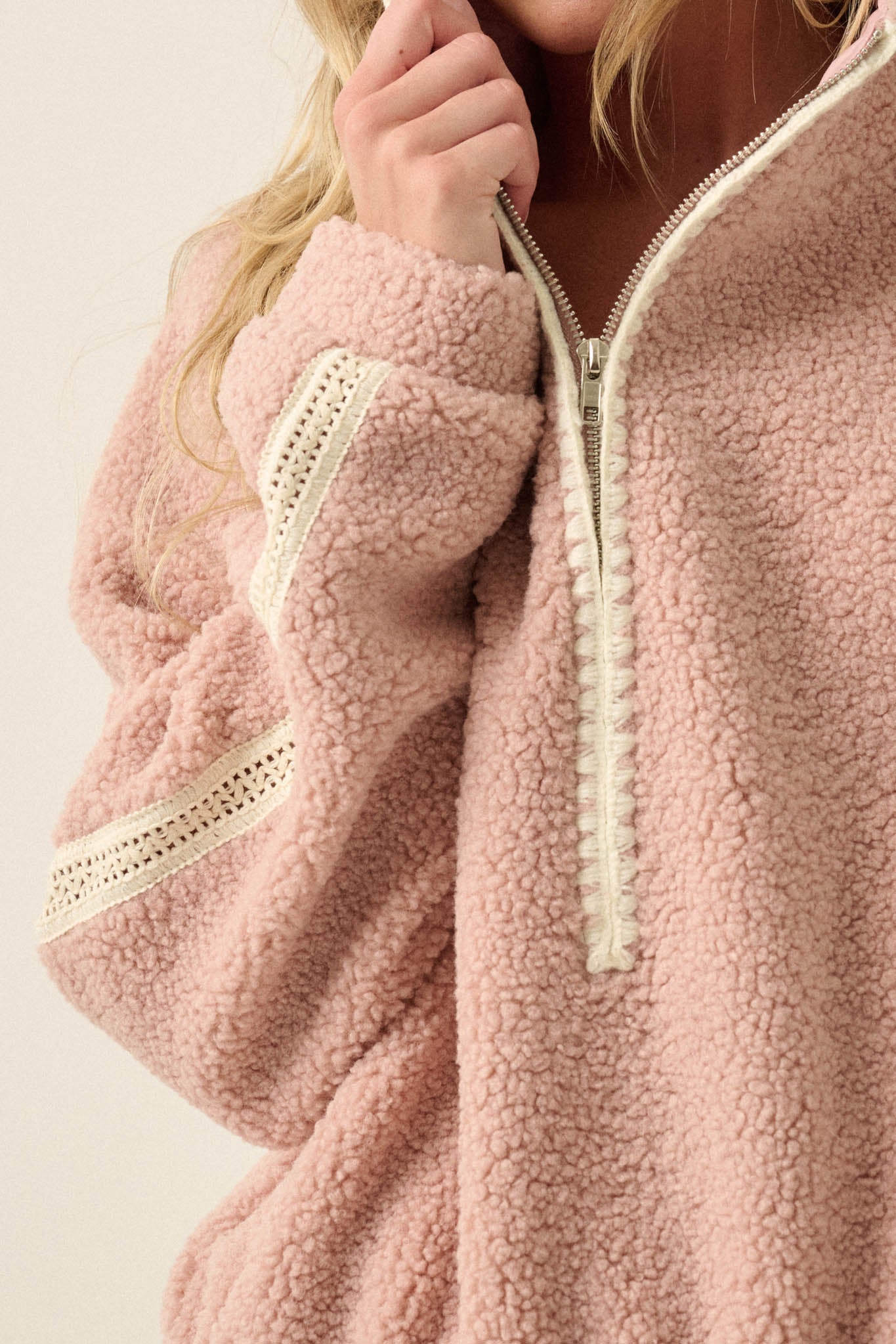 Warm Hug Fleece Crochet-Trim Half-Zip Pullover Jacket - ShopPromesa