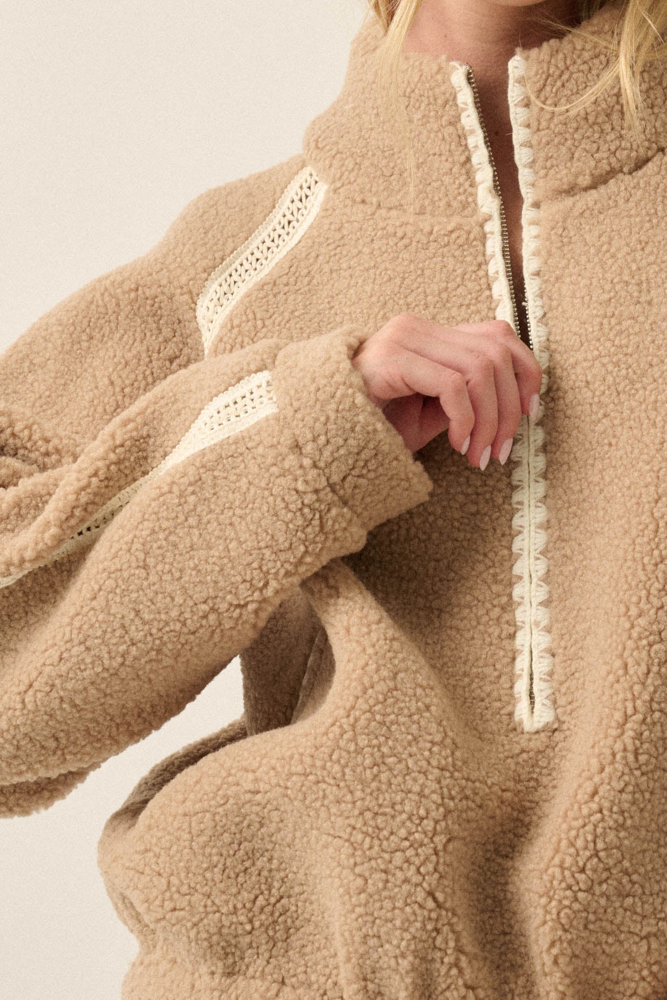 Warm Hug Fleece Crochet-Trim Half-Zip Pullover Jacket - ShopPromesa