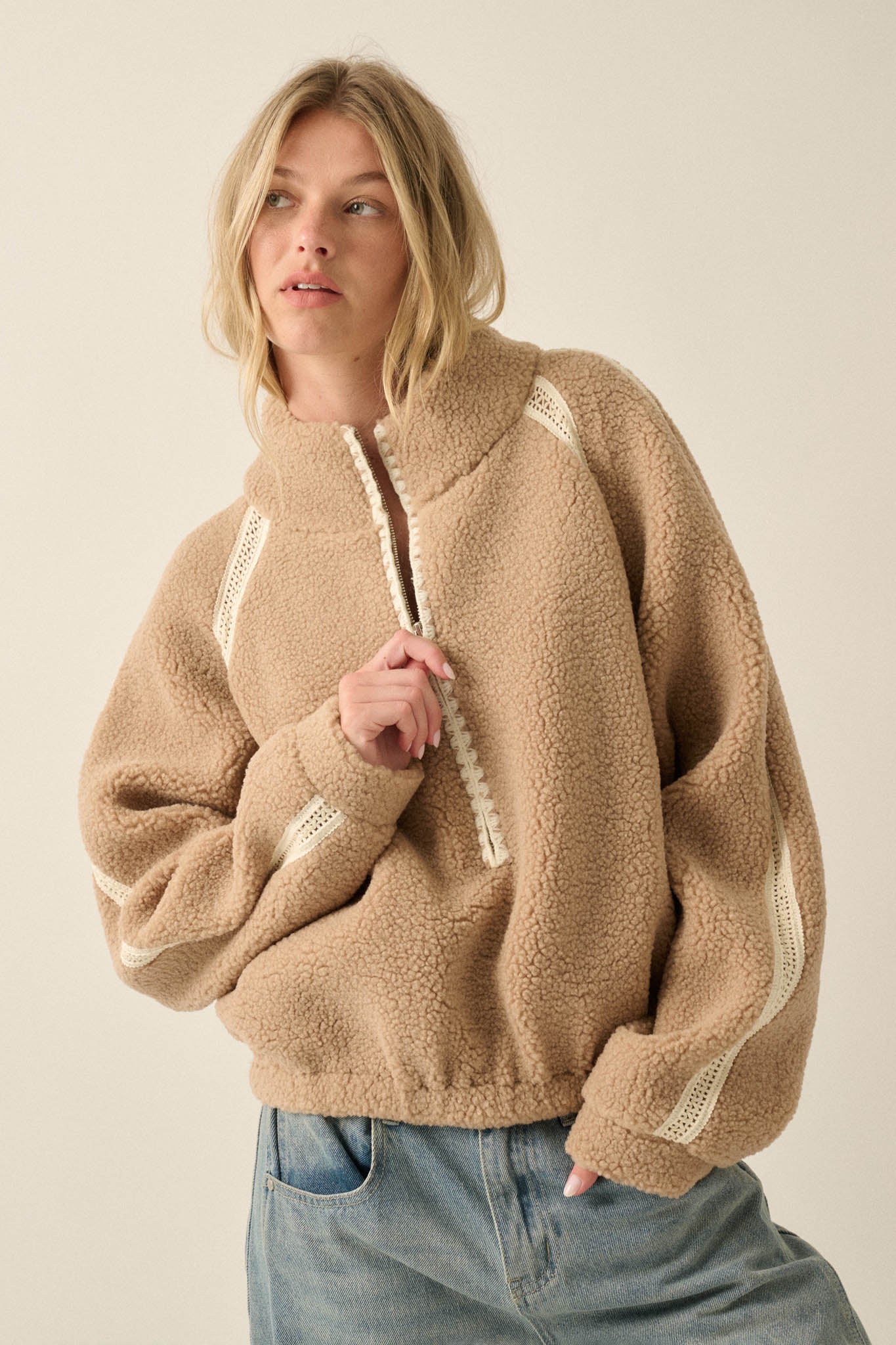 Warm Hug Fleece Crochet-Trim Half-Zip Pullover Jacket - ShopPromesa