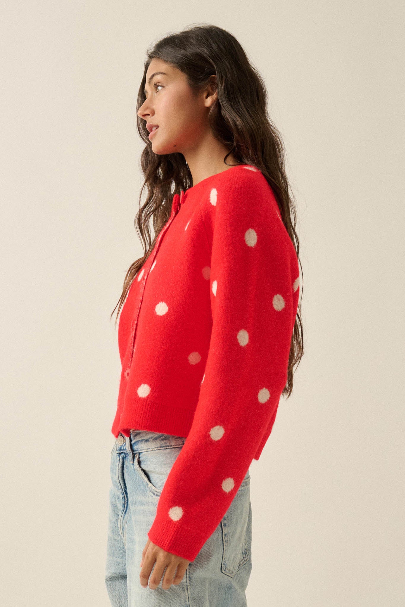 On the Spot Polka Dot Button-Front Cropped Cardigan - ShopPromesa