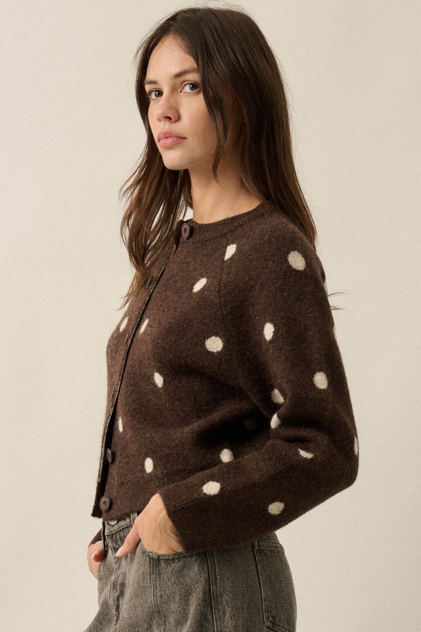 On the Spot Polka Dot Button-Front Cropped Cardigan - ShopPromesa