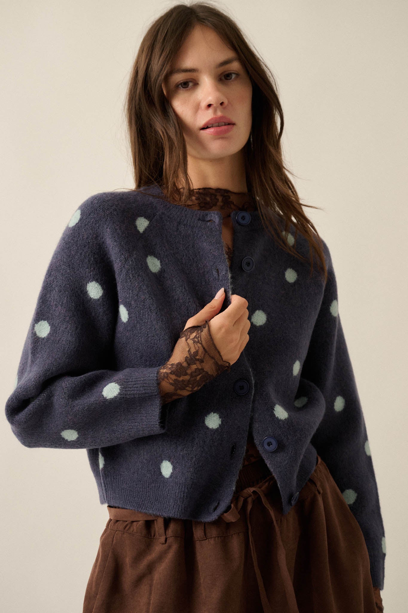 On the Spot Polka Dot Button-Front Cropped Cardigan - ShopPromesa