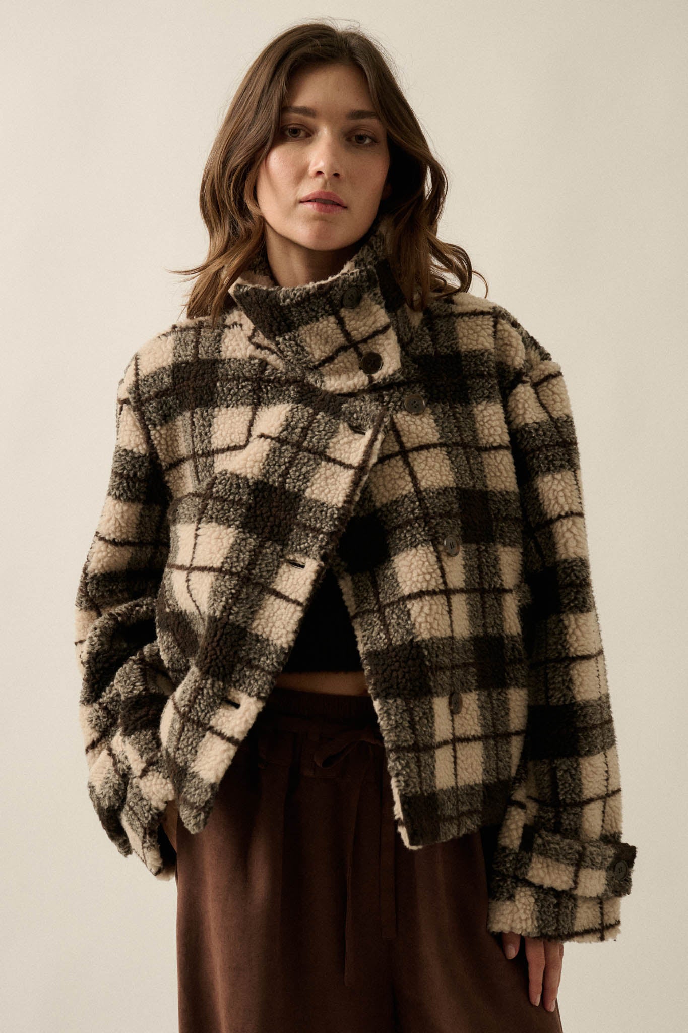 Country Roads Plaid Sherpa Fleece Funnel-Neck Jacket - ShopPromesa