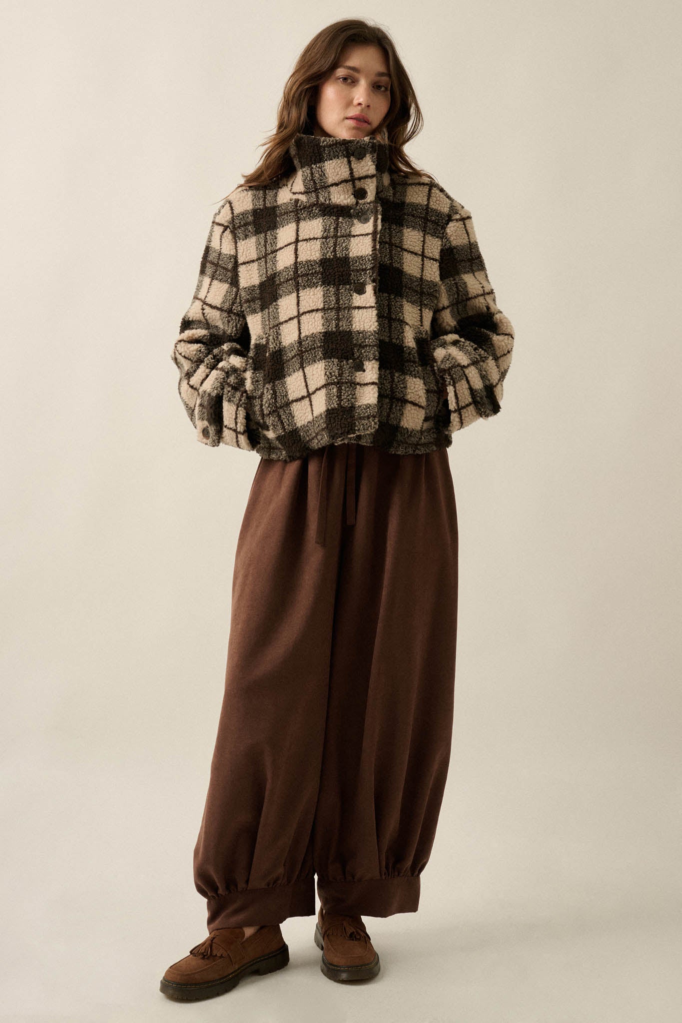 Country Roads Plaid Sherpa Fleece Funnel-Neck Jacket - ShopPromesa