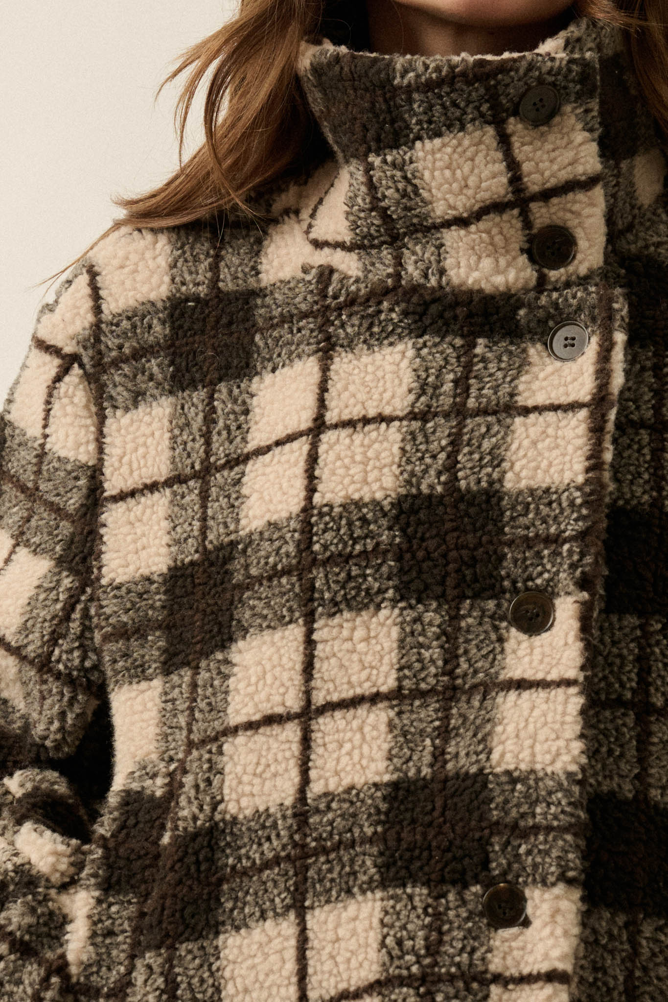Country Roads Plaid Sherpa Fleece Funnel-Neck Jacket - ShopPromesa