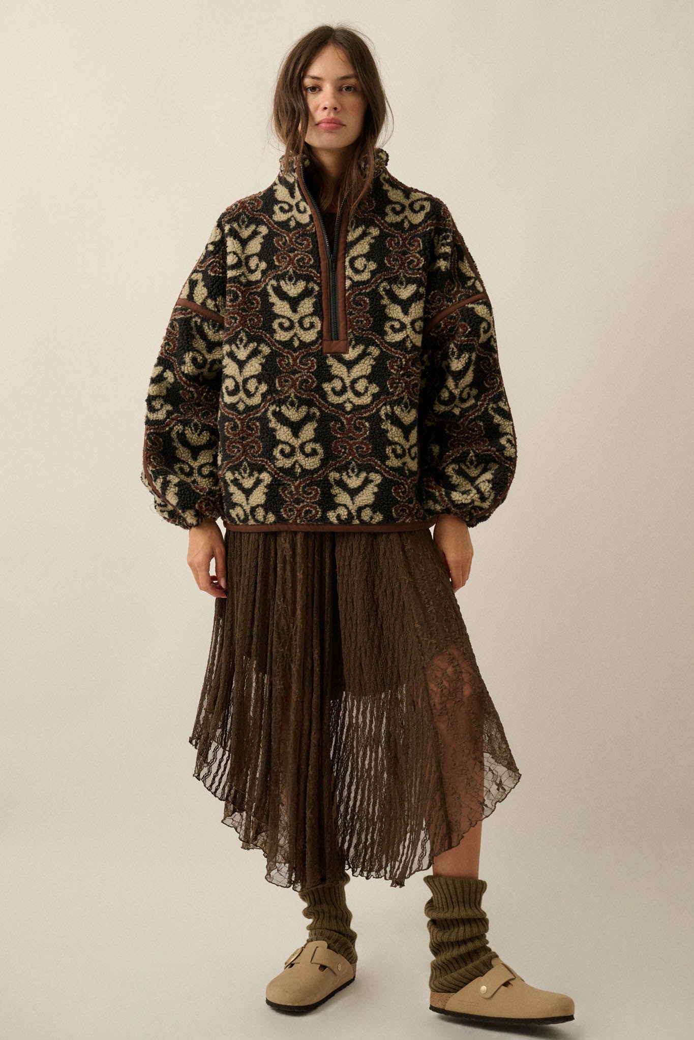 Fleece Flourish Damask-Print Sherpa Pullover Jacket - ShopPromesa