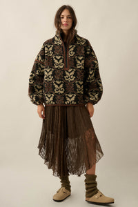Fleece Flourish Damask-Print Sherpa Pullover Jacket - ShopPromesa