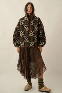 Fleece Flourish Damask-Print Sherpa Pullover Jacket - ShopPromesa