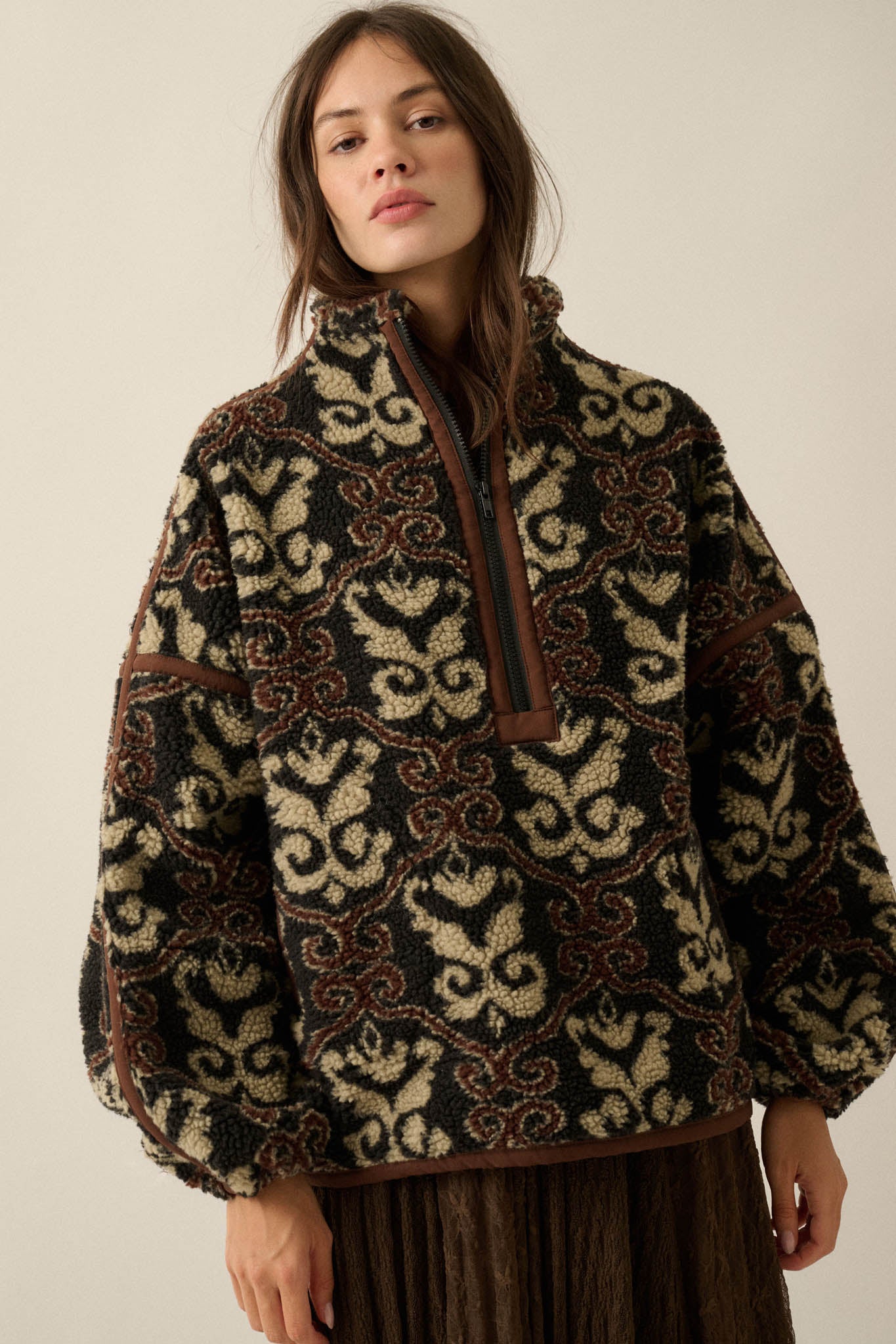Fleece Flourish Damask-Print Sherpa Pullover Jacket - ShopPromesa