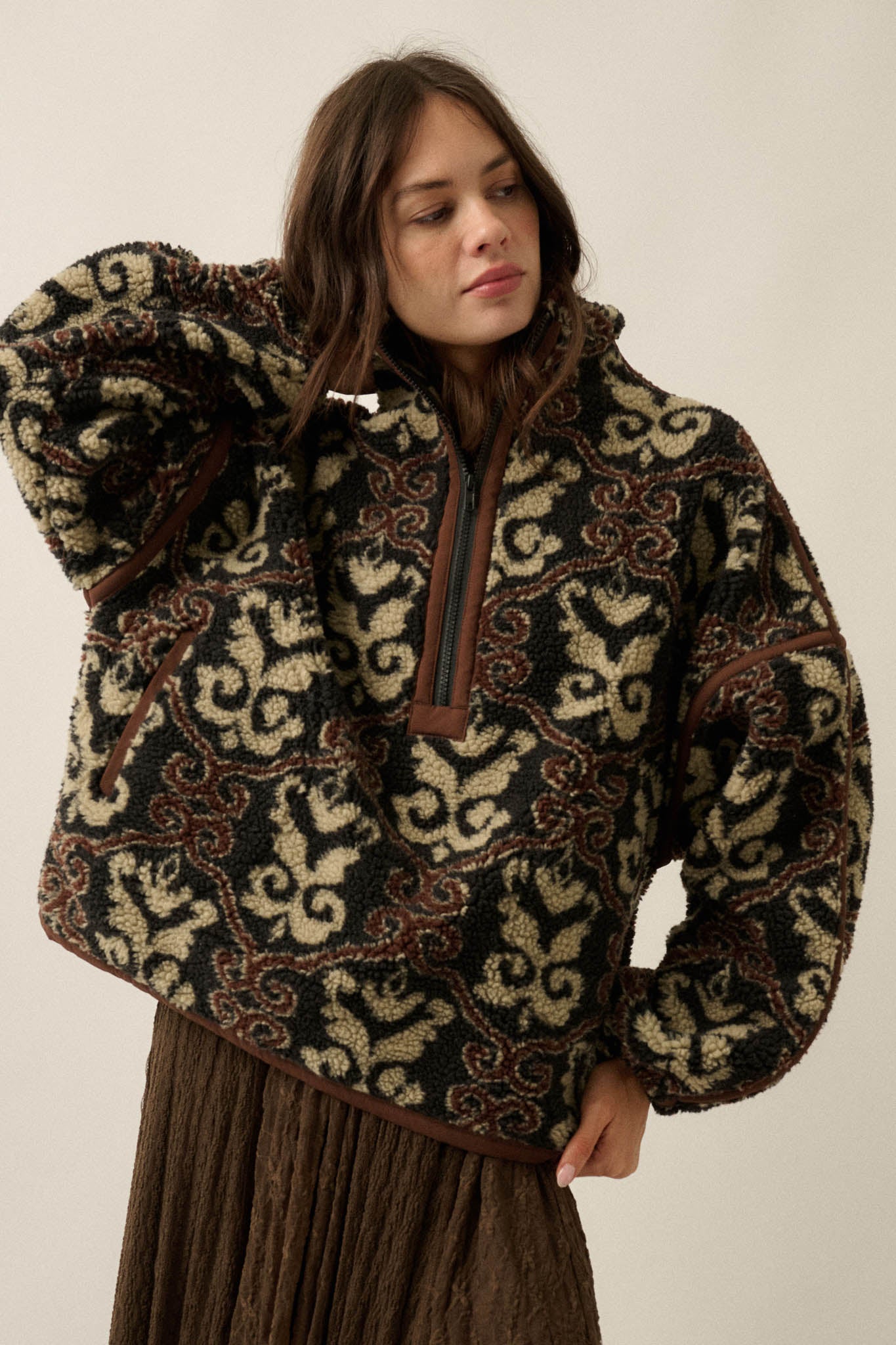 Fleece Flourish Damask-Print Sherpa Pullover Jacket - ShopPromesa