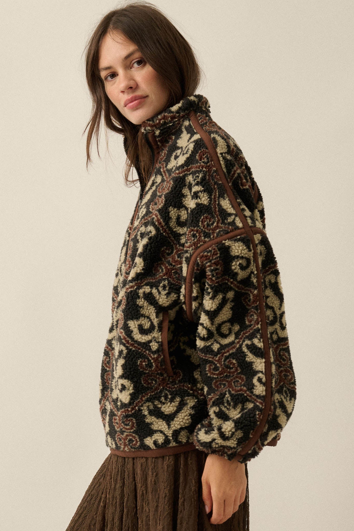 Fleece Flourish Damask-Print Sherpa Pullover Jacket - ShopPromesa