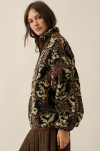 Fleece Flourish Damask-Print Sherpa Pullover Jacket - ShopPromesa