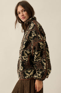 Fleece Flourish Damask-Print Sherpa Pullover Jacket - ShopPromesa