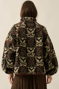 Fleece Flourish Damask-Print Sherpa Pullover Jacket - ShopPromesa