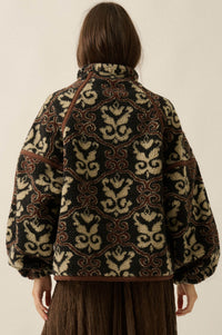 Fleece Flourish Damask-Print Sherpa Pullover Jacket - ShopPromesa