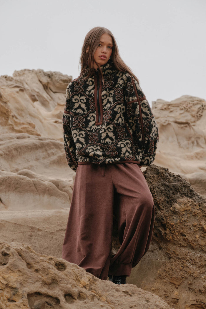 Fleece Flourish Damask-Print Sherpa Pullover Jacket - ShopPromesa
