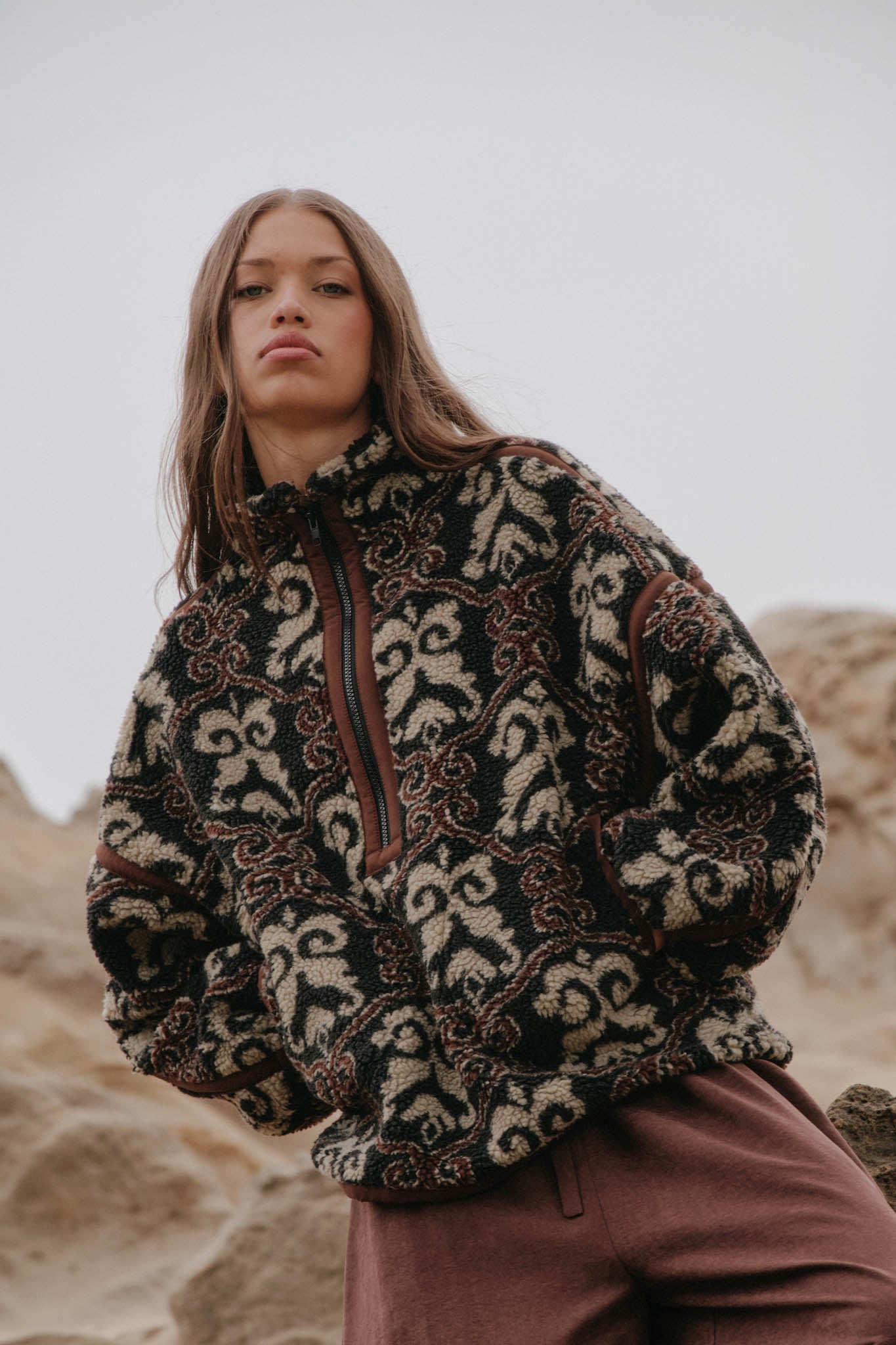 Fleece Flourish Damask-Print Sherpa Pullover Jacket - ShopPromesa