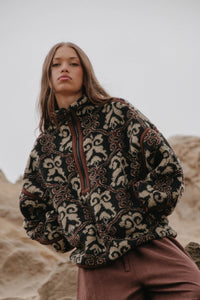 Fleece Flourish Damask-Print Sherpa Pullover Jacket - ShopPromesa