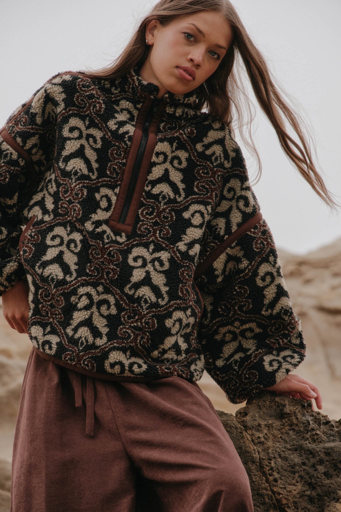 Fleece Flourish Damask-Print Sherpa Pullover Jacket - ShopPromesa