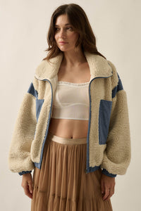 Real Life Fleece and Denim High-Collar Pocket Jacket - ShopPromesa