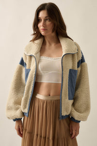 Real Life Fleece and Denim High-Collar Pocket Jacket - ShopPromesa