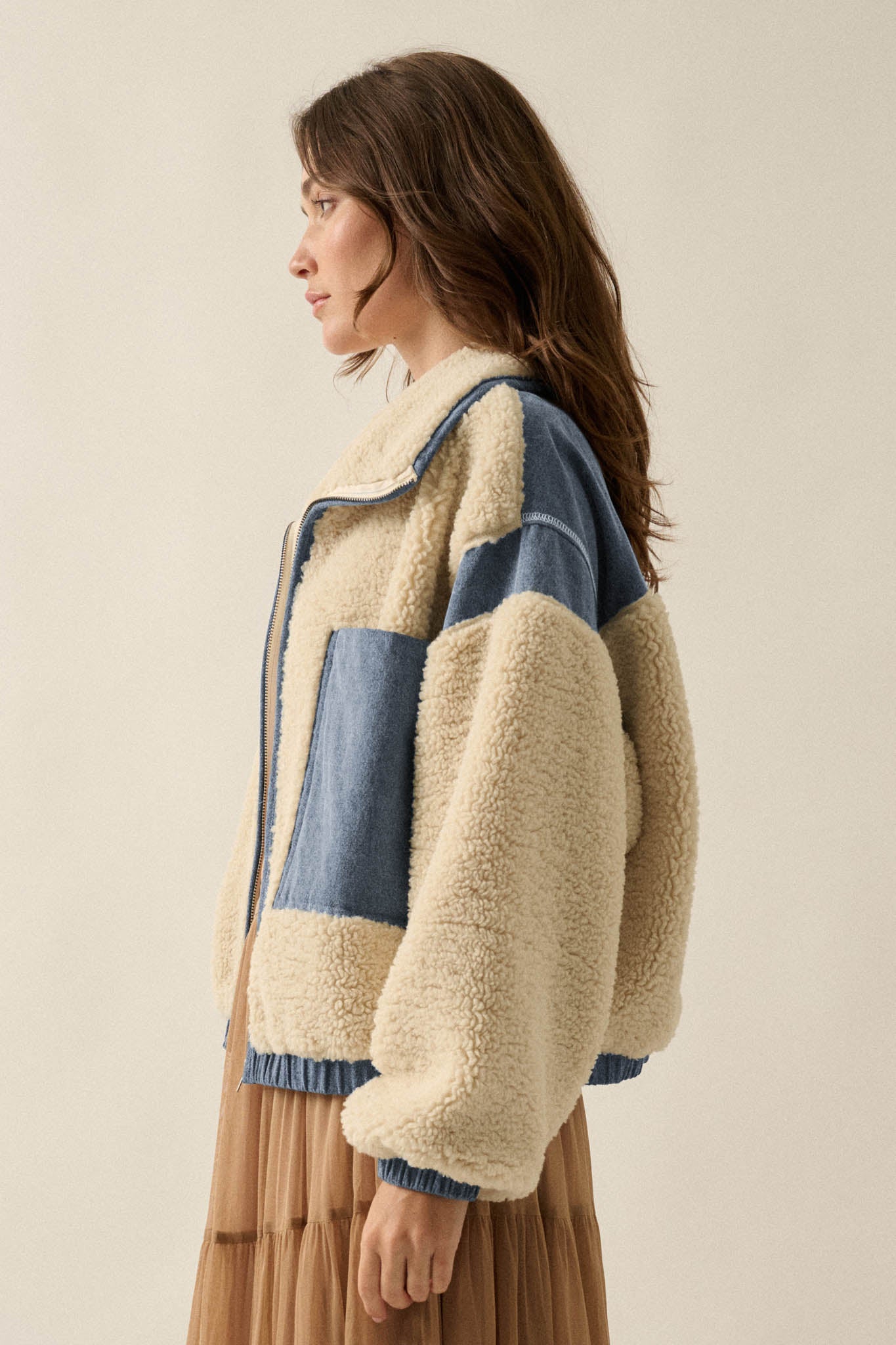 Real Life Fleece and Denim High-Collar Pocket Jacket - ShopPromesa