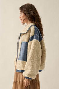 Real Life Fleece and Denim High-Collar Pocket Jacket - ShopPromesa