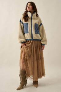 Real Life Fleece and Denim High-Collar Pocket Jacket - ShopPromesa