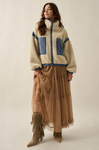 Real Life Fleece and Denim High-Collar Pocket Jacket - ShopPromesa